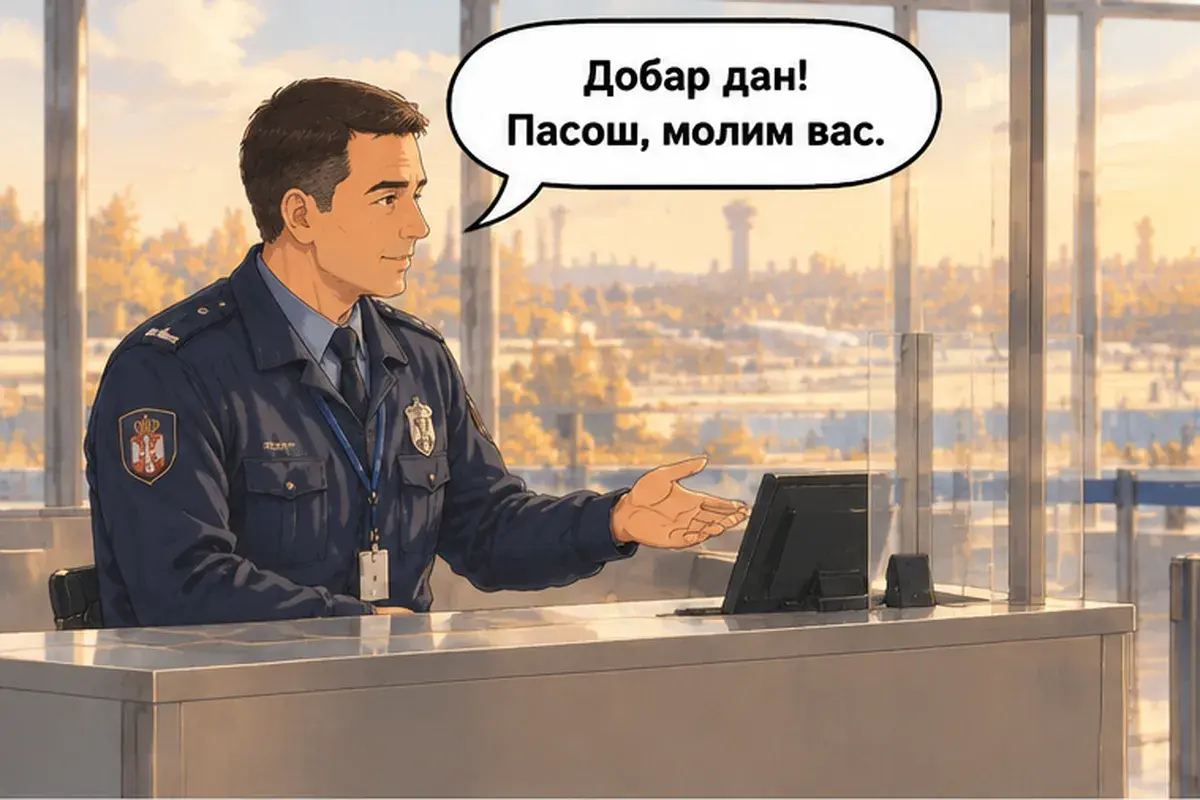 Кадр 1 из 6 к тексту «Добро пожаловать в Сербию»: «Добрый день! Паспорт, пожалуйста.»