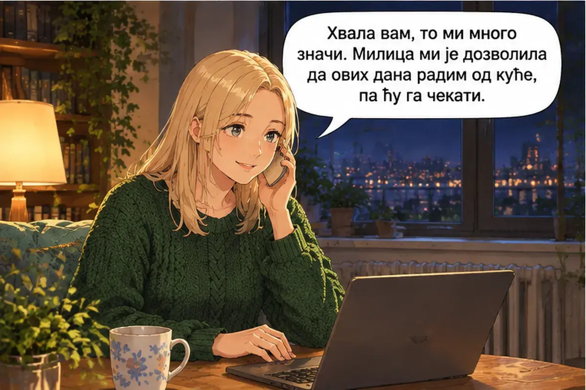Кадр 7 из 13 к тексту «Я звонила вам и вчера»: «Спасибо вам, это очень важно для меня. Милица разрешила мне эти дни работать из дома, так что я буду его ждать.»