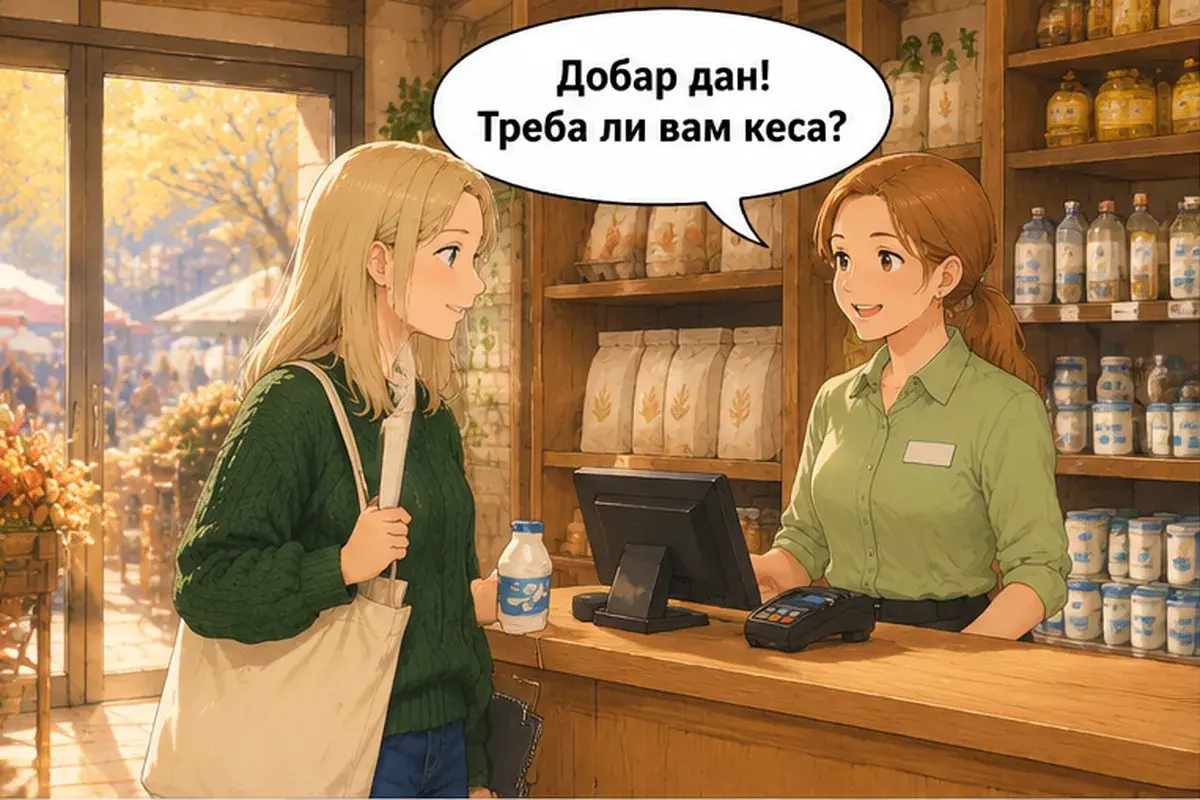 Кадр 9 из 14 к тексту «Подскажите, где касса?»: «Добрый день! Вам нужен пакет?»