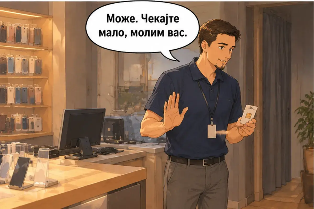 Кадр 11 из 15 к тексту «Мне нужна сим-карта.»: «Можно. Подождите немного, пожалуйста.»