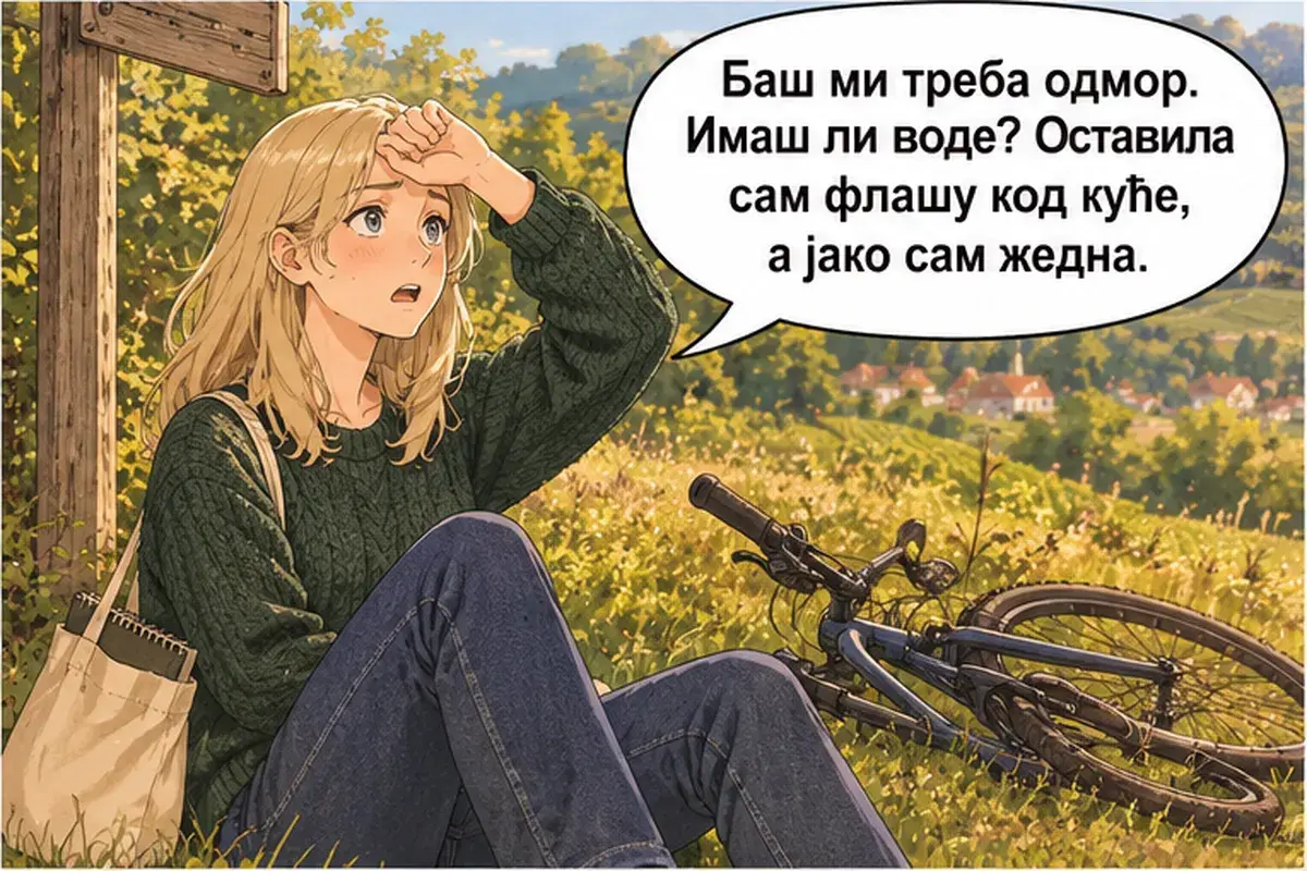 Кадр 4 из 16 к тексту «Ещё немного в гору, а потом всё под гору»: «Мне как раз нужен отдых. У тебя есть вода? Я оставила бутылку дома, а очень хочу пить.»
