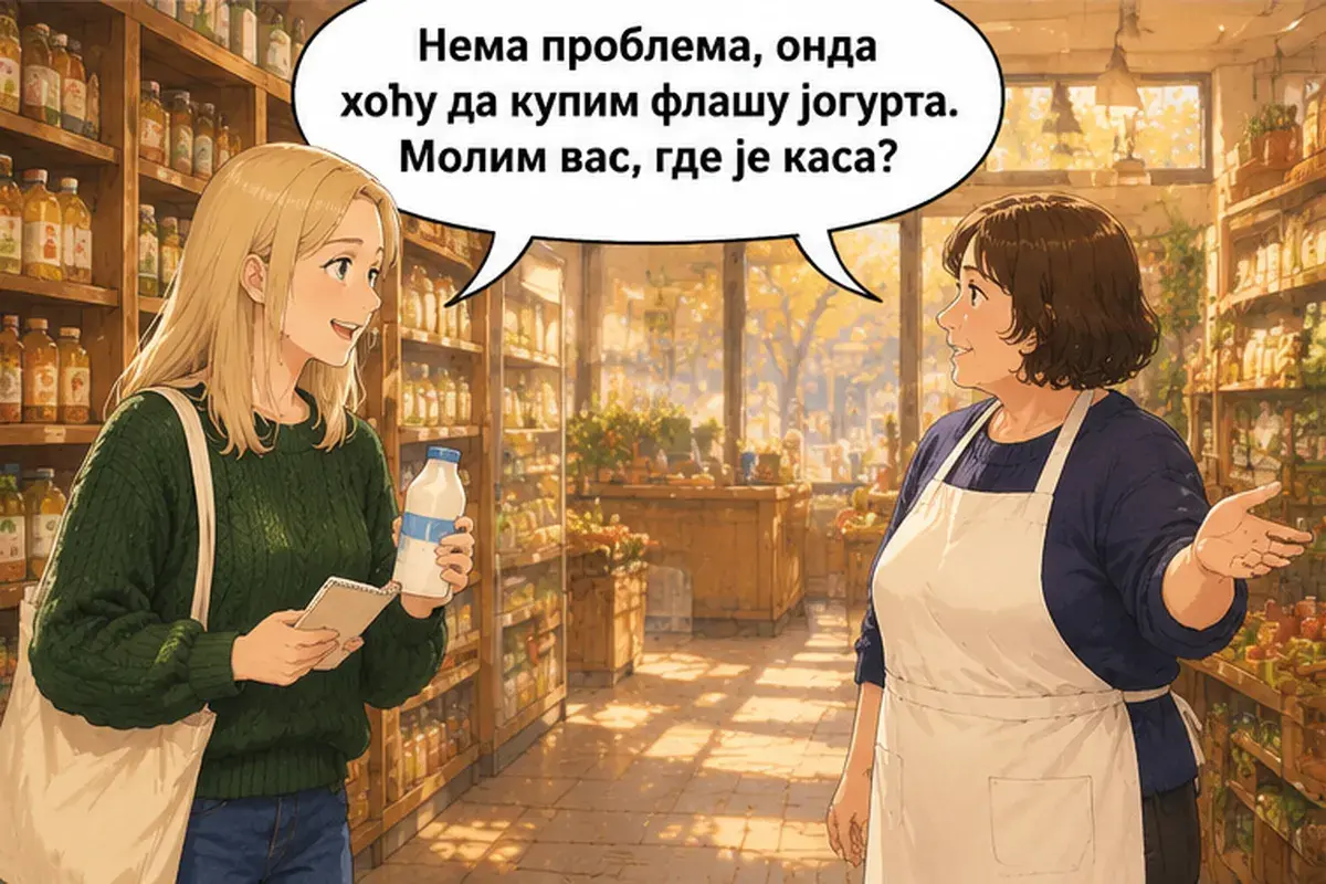 Кадр 7 из 14 к тексту «Подскажите, где касса?»: «Не проблема, тогда я куплю бутылку йогурта. Подскажите, пожалуйста, где касса?»