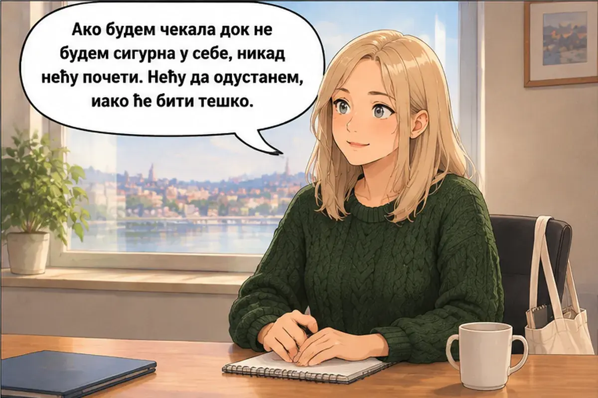 Кадр 12 из 15 к тексту «Когда будешь вести проект»: «Если я буду ждать, пока не стану уверена в себе, я никогда не начну. Я не сдамся, хотя будет трудно.»