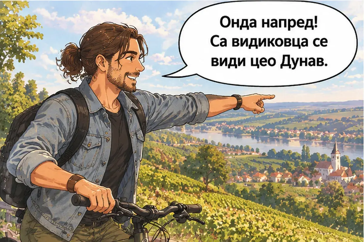 Кадр 15 из 16 к тексту «Ещё немного в гору, а потом всё под гору»: «Тогда вперёд! Со смотровой площадки виден весь Дунай.»