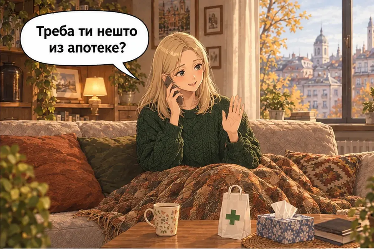 Кадр 6 из 9 к тексту «Сегодня я не смогу прийти»: «Тебе что-нибудь нужно из аптеки?»