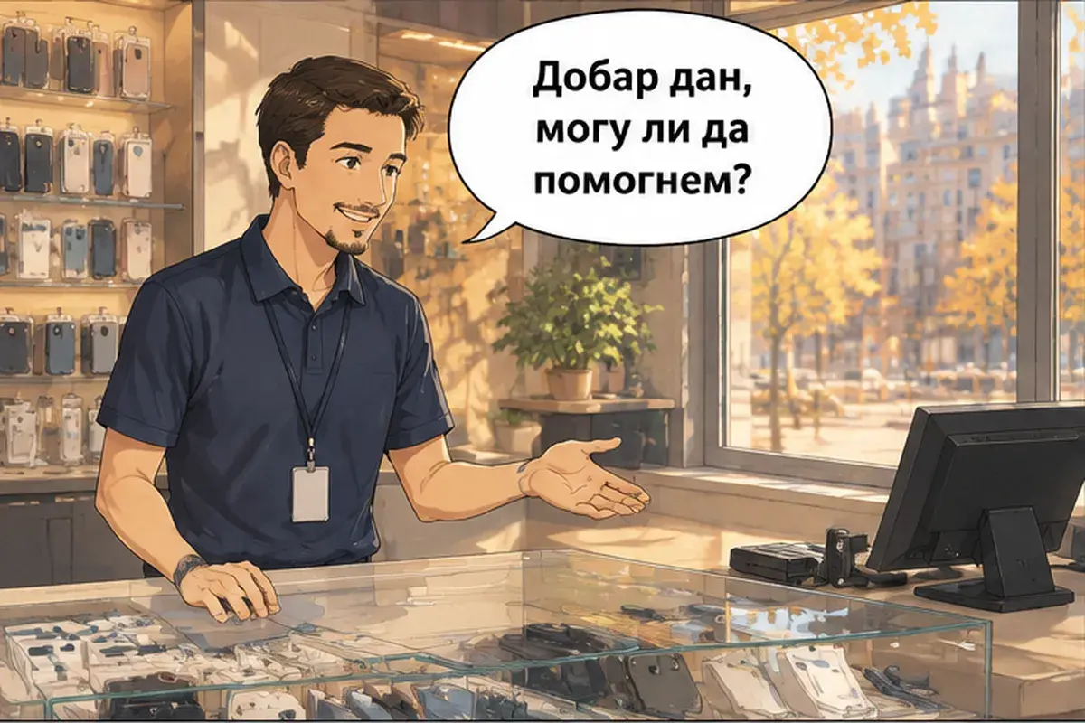 Кадр 1 из 15 к тексту «Мне нужна сим-карта.»: «Добрый день, могу я помочь?»