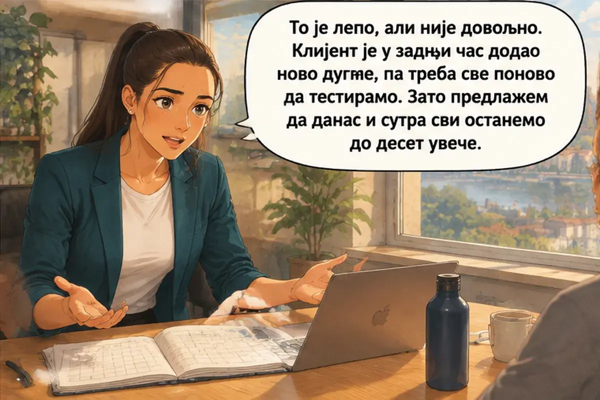 Кадр 4 из 13 к тексту «Я не могу каждый вечер работать до десяти»: «Это хорошо, но этого мало. Клиент в последний момент добавил новую кнопку, так что надо всё протестировать заново. Поэтому предлагаю сегодня и завтра…