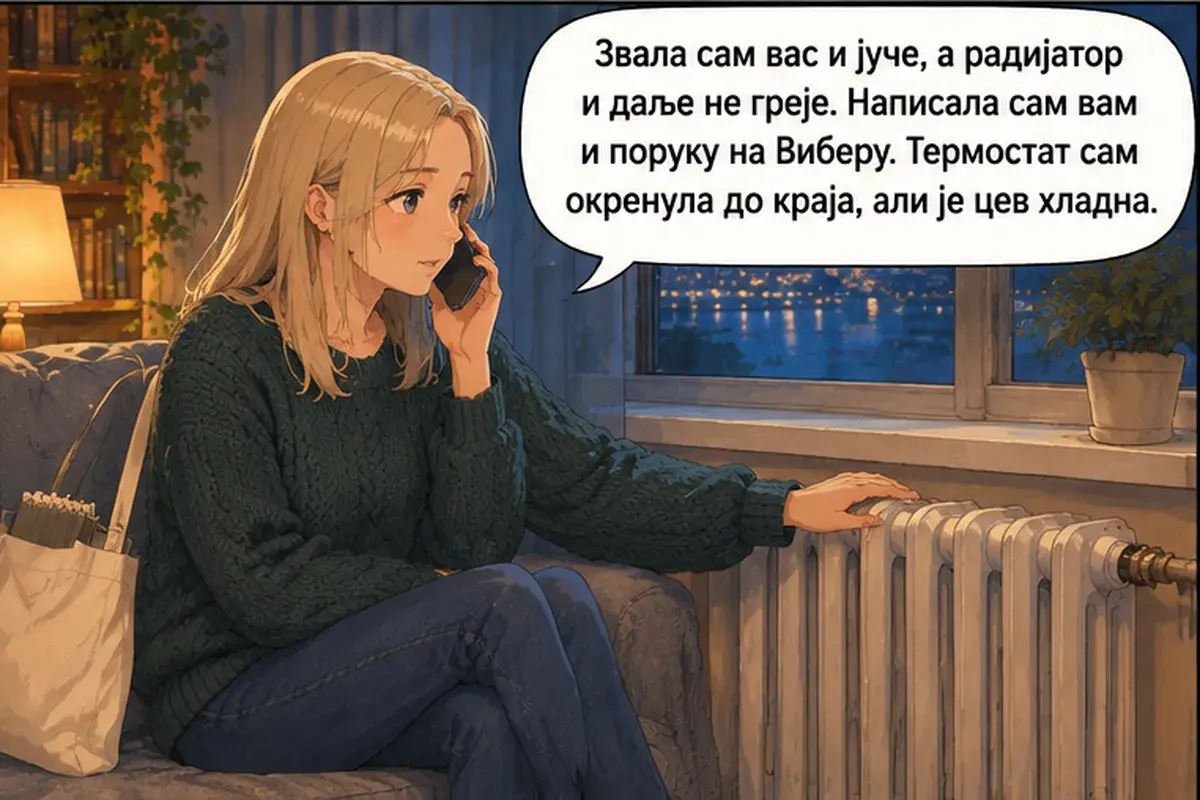 Кадр 3 из 13 к тексту «Я звонила вам и вчера»: «Я звонила вам и вчера, а батарея по-прежнему не греет. Я написала вам и сообщение в Вайбере. Термостат я повернула до упора, но труба холодная.»