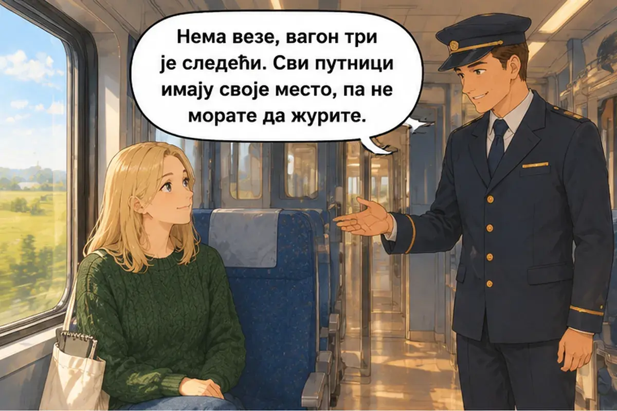 Кадр 5 из 15 к тексту «Когда приеду, где мне тебя ждать?»: «Ничего страшного, третий вагон следующий. У всех пассажиров свои места, так что торопиться не нужно.»