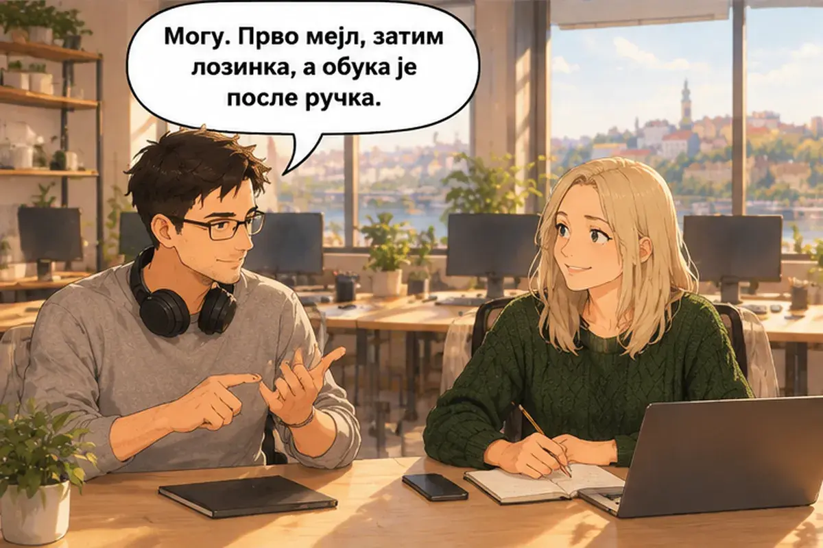 Кадр 15 из 16 к тексту «Пусть Душан покажет вам систему»: «Могу. Сначала письмо, потом пароль, а обучение после обеда.»
