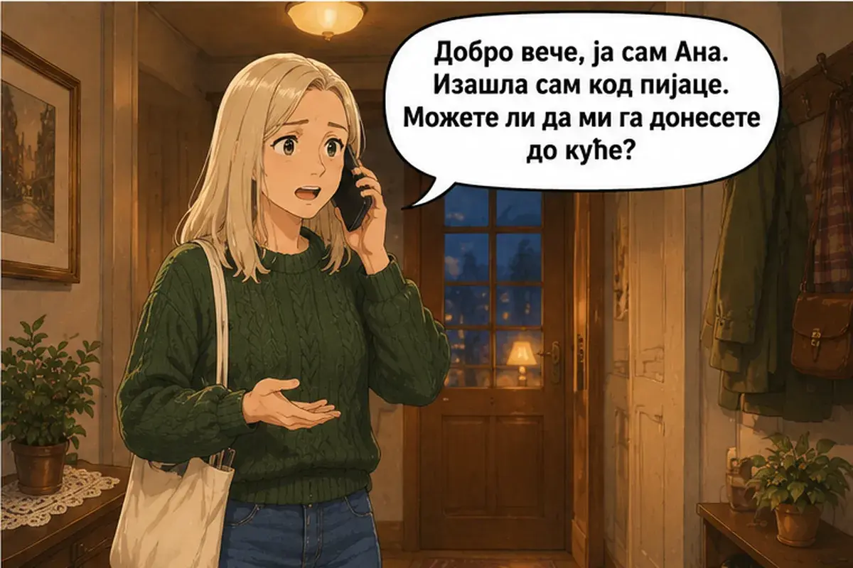 Кадр 8 из 15 к тексту «Ваш телефон у меня»: «Добрый вечер, я Аня. Я вышла у рынка. Вы не могли бы привезти его мне до дома?»