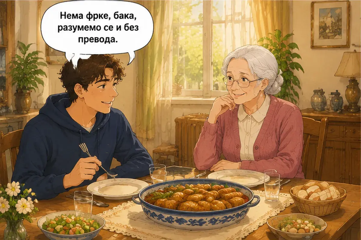 Кадр 11 из 13 к тексту «Скажи маме, что у неё дочь с добрым сердцем»: «Без проблем, бабушка, мы понимаем друг друга и без перевода.»