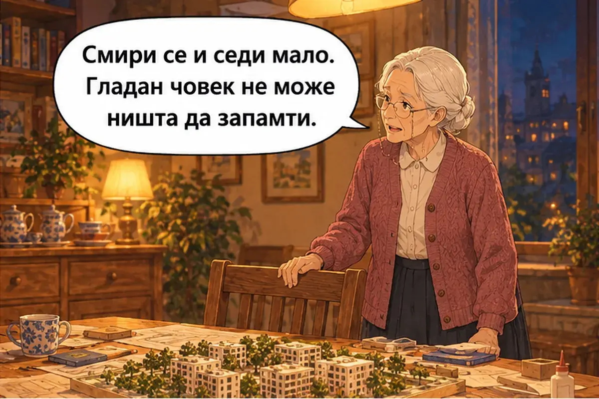 Кадр 6 из 14 к тексту «Расслабься и держись»: «Успокойся и посиди немного. Голодный человек ничего не может запомнить.»