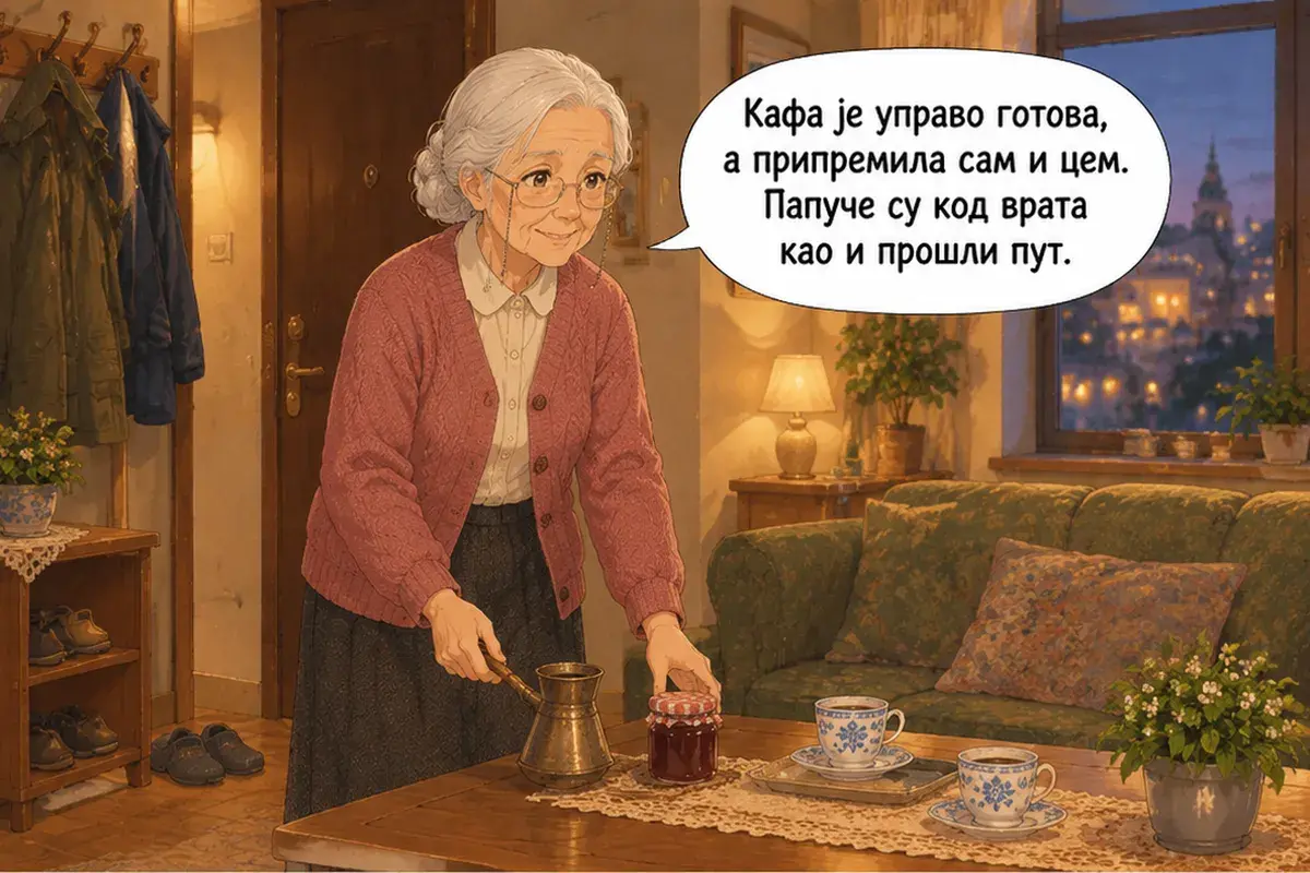 Кадр 13 из 14 к тексту «Давай перейдём на «ты»»: «Кофе как раз готов, а ещё я приготовила варенье. Тапочки у двери, как и в прошлый раз.»