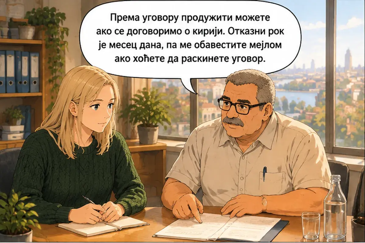 Кадр 5 из 14 к тексту «Будем читать договор пункт за пунктом»: «По договору продлить можно, если мы договоримся об арендной плате. Срок уведомления — месяц, так что сообщите мне по почте, если захотите расторгнуть…