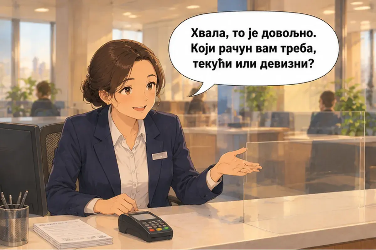 Кадр 5 из 13 к тексту «Я хотела бы открыть счёт.»: «Спасибо, этого достаточно. Какой счёт вам нужен, текущий или валютный?»