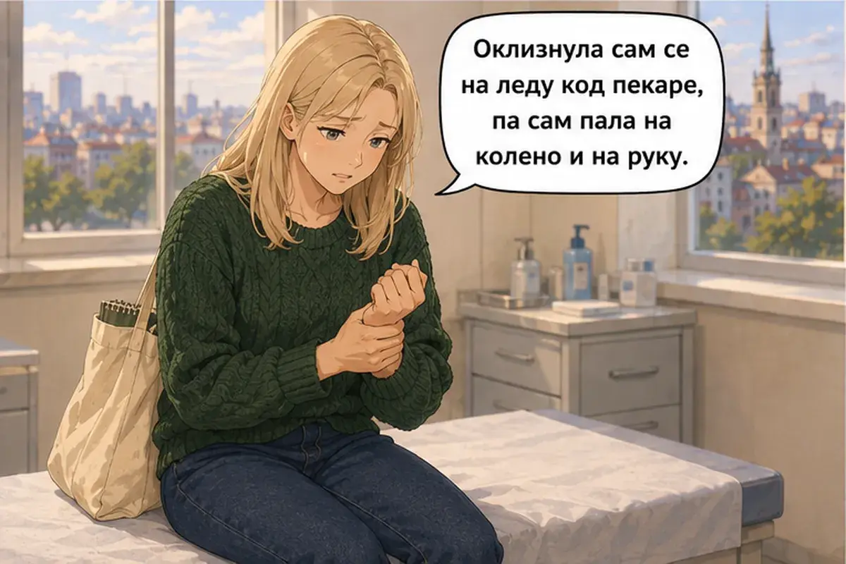 Кадр 3 из 16 к тексту «Я поскользнулась на льду»: «Я поскользнулась на льду у пекарни и упала на колено и на руку.»
