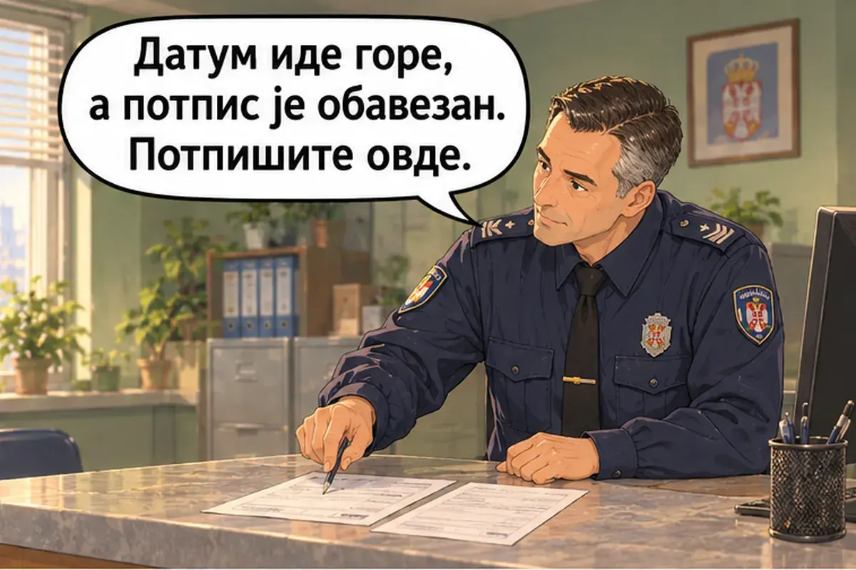 Кадр 14 из 16 к тексту «Я пришла зарегистрировать иностранца»: «Дата идёт вверху, а подпись обязательна. Подпишите здесь.»
