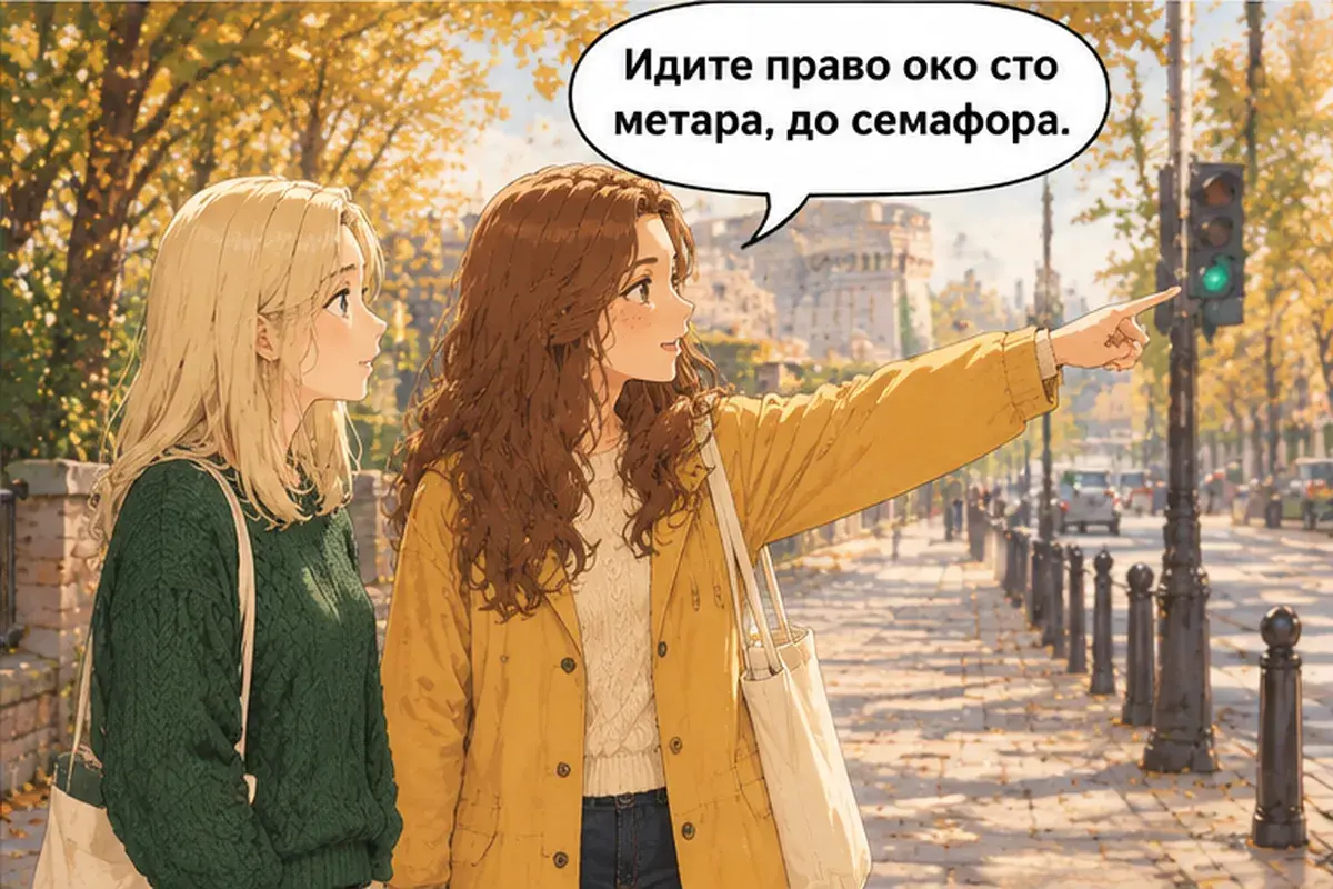 Кадр 4 из 14 к тексту «Идите прямо до светофора»: «Идите прямо около ста метров, до светофора.»