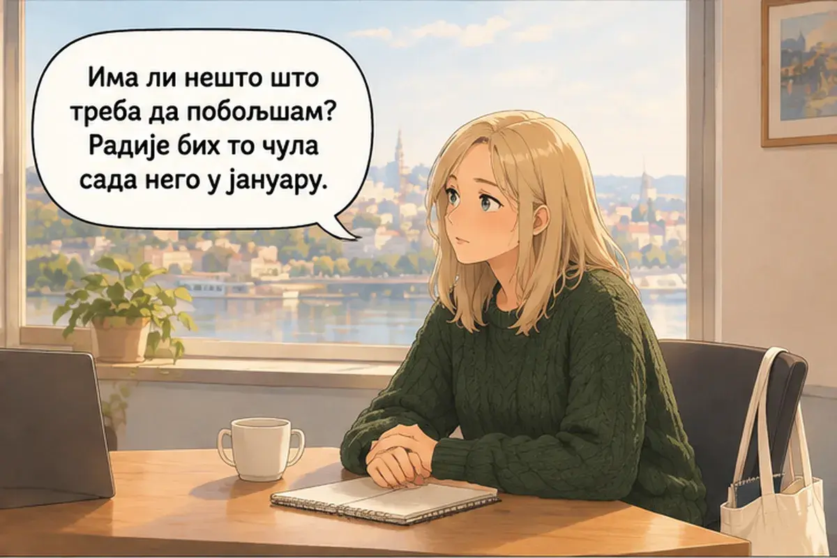 Кадр 6 из 15 к тексту «Когда будешь вести проект»: «Есть что-то, что мне нужно улучшить? Я бы лучше услышала это сейчас, а не в январе.»