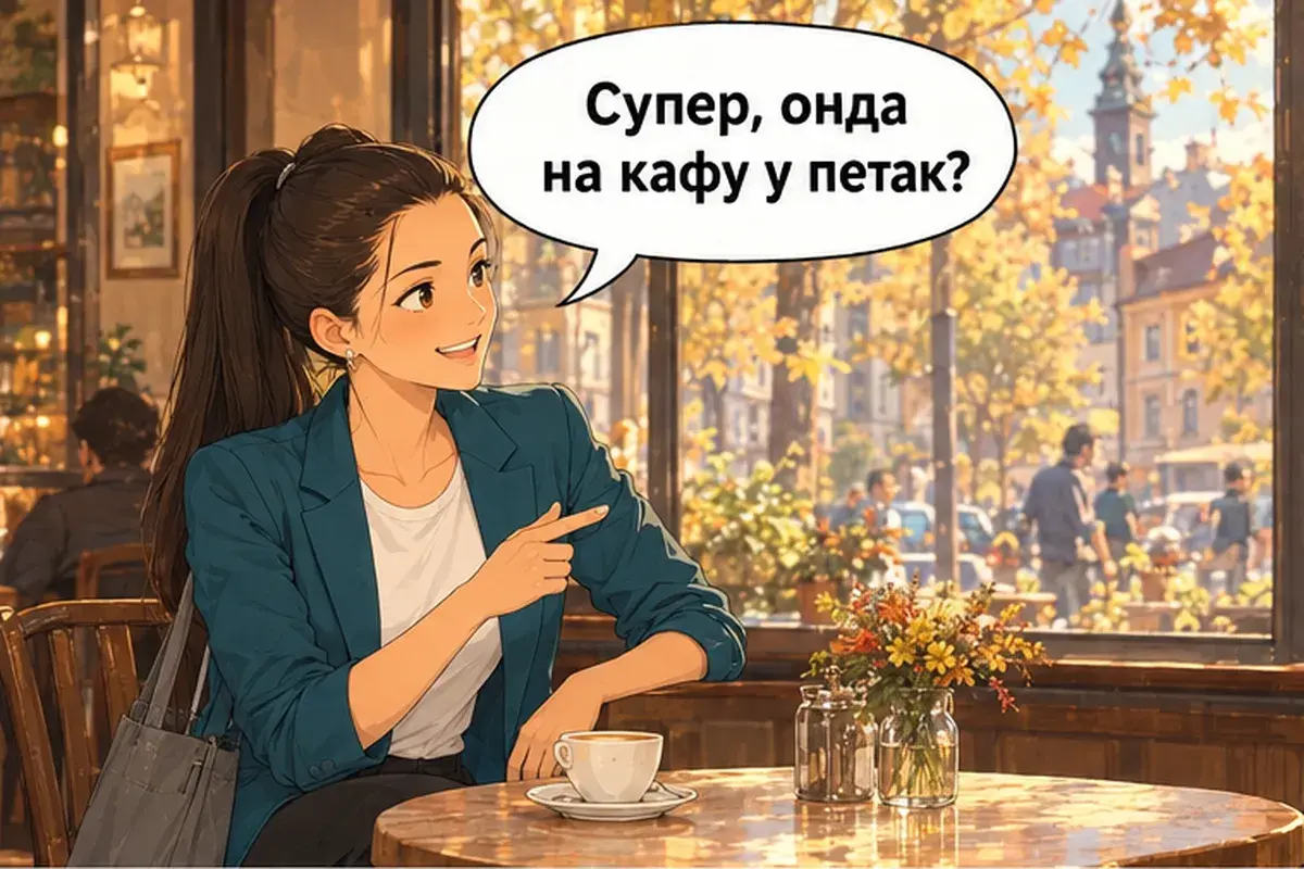 Кадр 9 из 14 к тексту «Когда ты начинаешь работать?»: «Супер, тогда сходим на кофе в пятницу?»