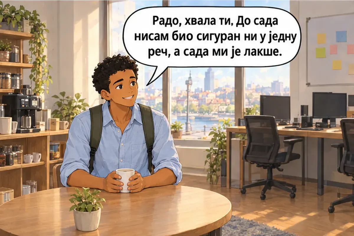 Кадр 11 из 16 к тексту «В команде мы все на «ты»»: «С радостью, спасибо. До сих пор я не был уверен ни в одном слове, а теперь мне легче.»