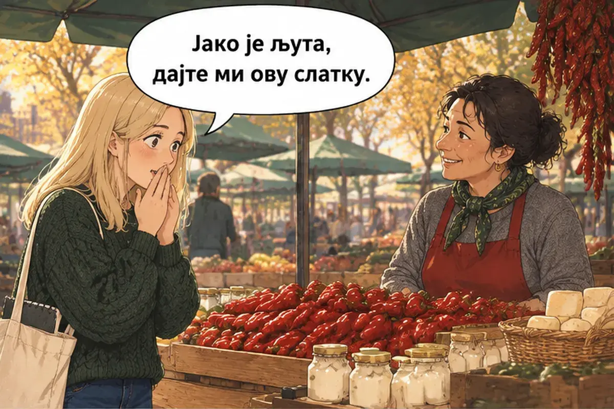 Кадр 9 из 14 к тексту «У вас есть каймак?»: «Очень острая, дайте мне вот эту, сладкую.»