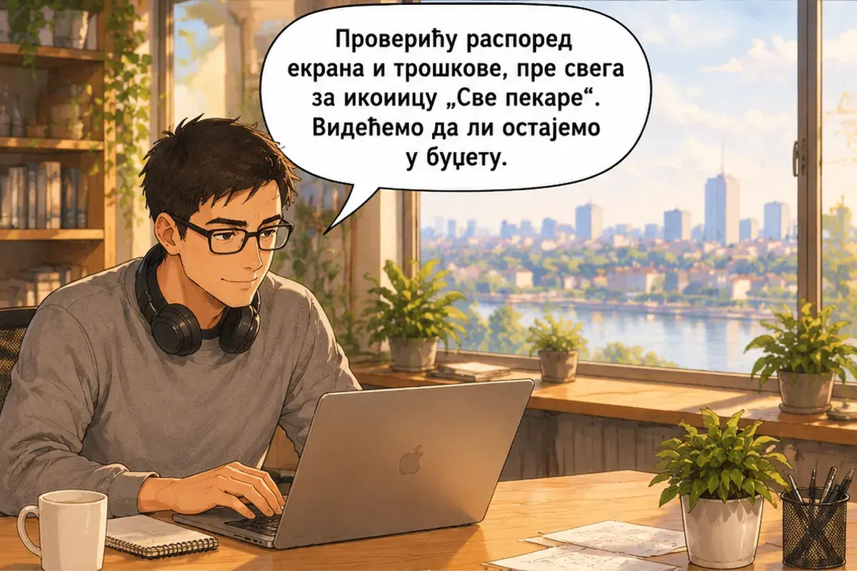 Кадр 13 из 15 к тексту «Покупатель хочет заказать бурек в три шага»: «Я проверю расположение элементов на экране и расходы, прежде всего для значка «Все пекарни». Посмотрим, укладываемся ли мы в бюджет.»