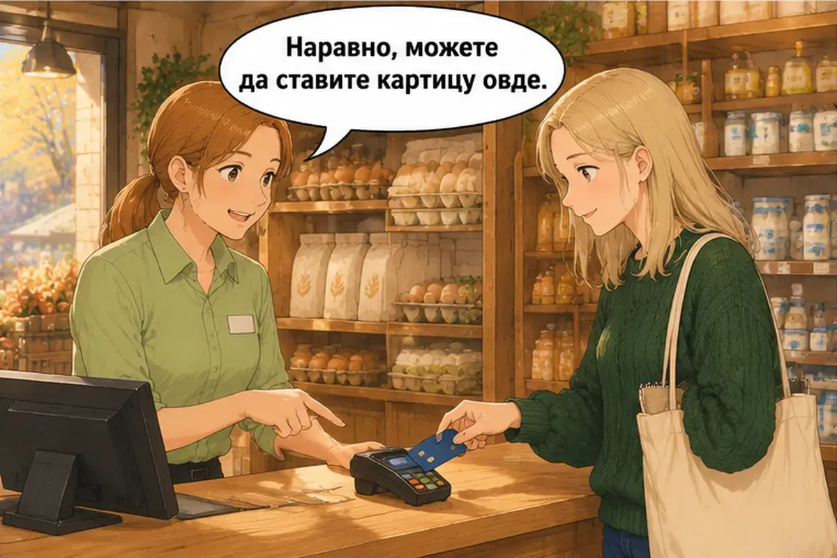 Кадр 11 из 14 к тексту «Подскажите, где касса?»: «Конечно, приложите карту сюда.»