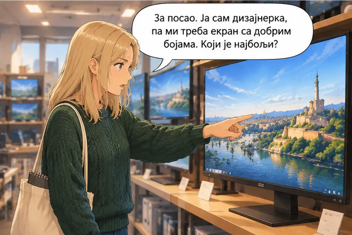 Кадр 3 из 15 к тексту «Этот монитор больше, но и дороже»: «Для работы. Я дизайнер, поэтому мне нужен экран с хорошей цветопередачей. Какой самый лучший?»