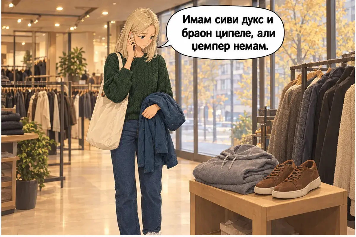 Кадр 10 из 11 к тексту «Синяя или чёрная?»: «У меня есть серая толстовка и коричневые туфли, но свитера нет.»