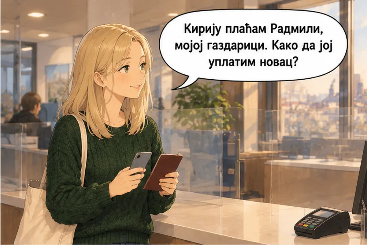 Кадр 10 из 13 к тексту «Я хотела бы открыть счёт.»: «Плату за квартиру я вношу Радмиле, моей хозяйке. Как мне перевести ей деньги?»