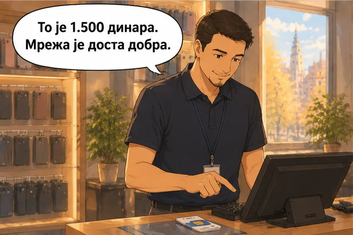 Кадр 7 из 15 к тексту «Мне нужна сим-карта.»: «Это около 1.500 динаров. Связь довольно хорошая.»