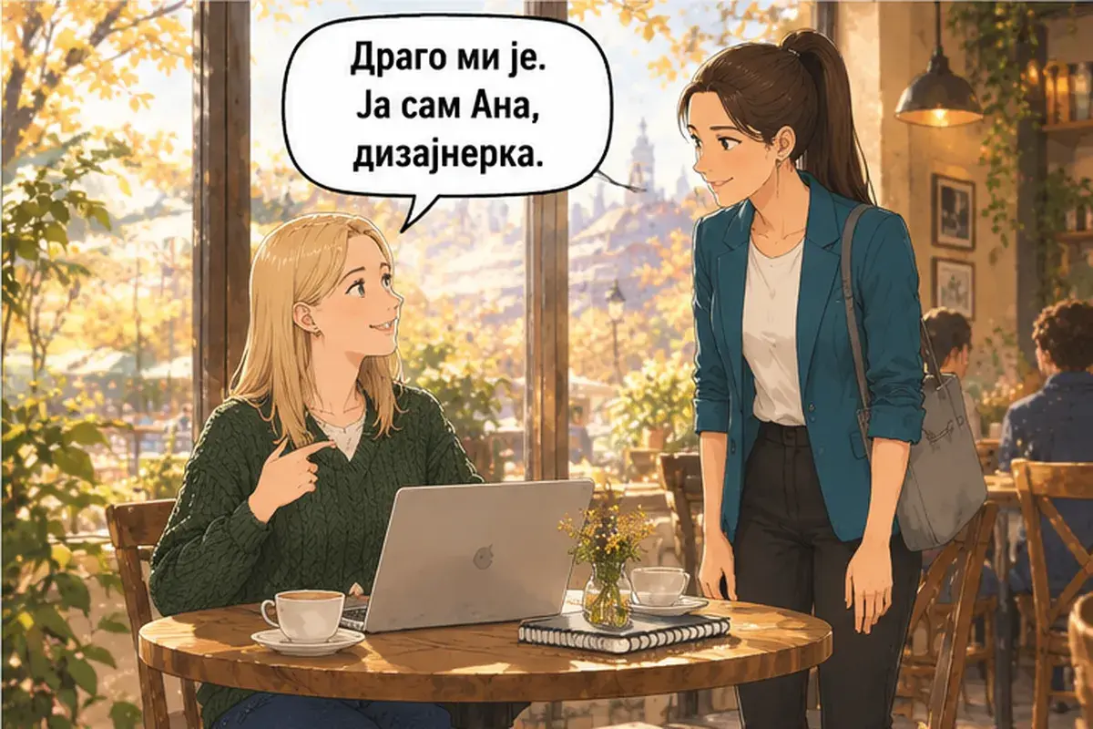 Кадр 4 из 14 к тексту «Извини, это твой дизайн?»: «Приятно познакомиться. Я Аня, дизайнер.»