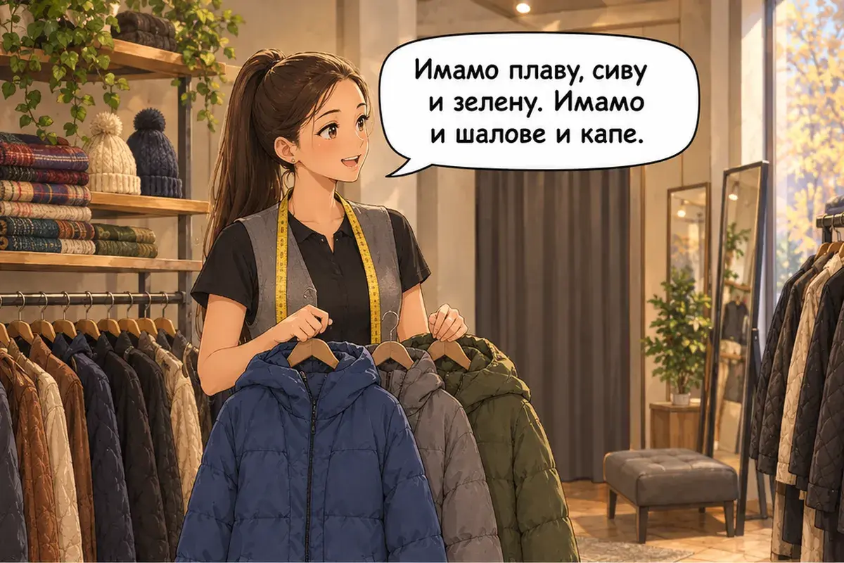 Кадр 13 из 14 к тексту «Можно примерить вон ту чёрную?»: «Есть синяя, серая и зелёная. Есть и шарфы, и шапки.»