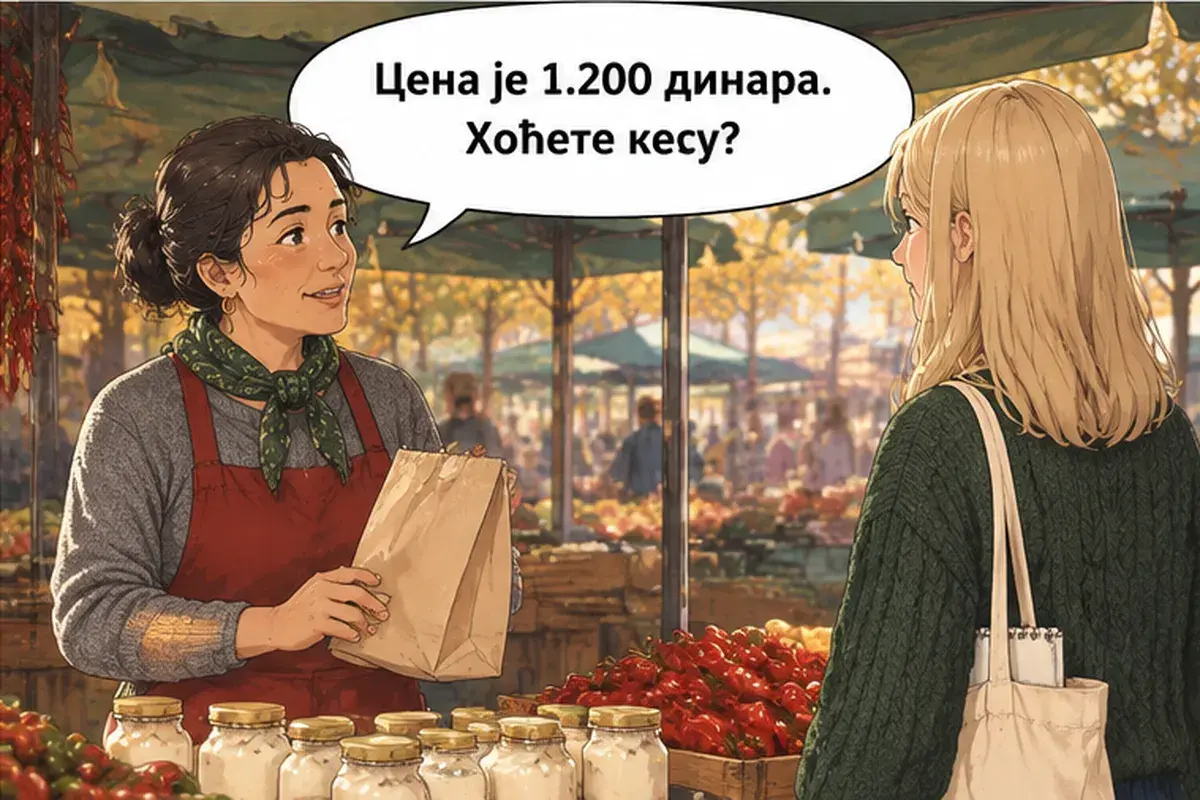 Кадр 12 из 14 к тексту «У вас есть каймак?»: «Цена 1.200 динаров. Хотите пакет?»