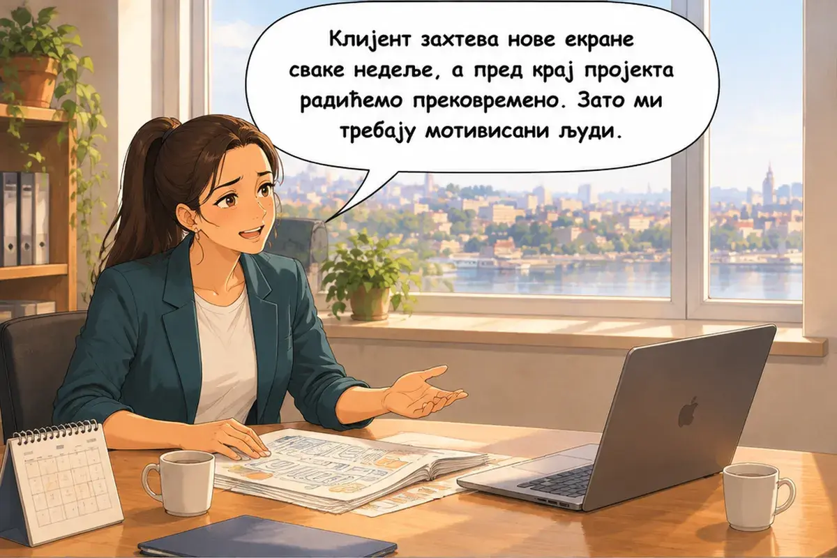 Кадр 13 из 15 к тексту «Когда будешь вести проект»: «Клиент требует новые экраны каждую неделю, а перед концом проекта мы будем работать сверхурочно. Поэтому мне нужны заинтересованные люди.»