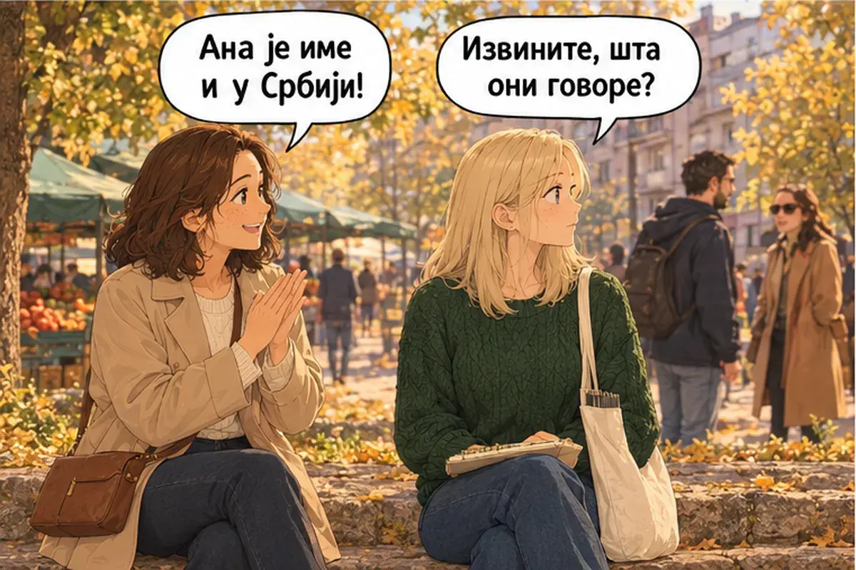 Кадр 7 из 8 к тексту «Откуда вы, из России?»: «Аня — имя и в Сербии!» «Извините, что они говорят?»