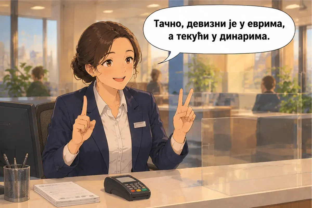 Кадр 7 из 13 к тексту «Я хотела бы открыть счёт.»: «Верно, валютный в евро, а текущий в динарах.»