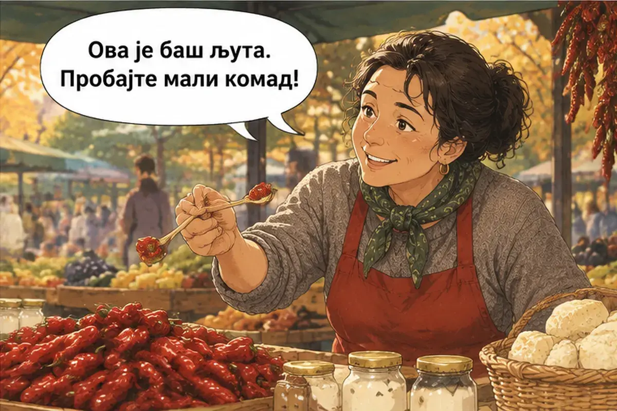 Кадр 8 из 14 к тексту «У вас есть каймак?»: «Вот эта очень острая. Попробуйте маленький кусочек!»