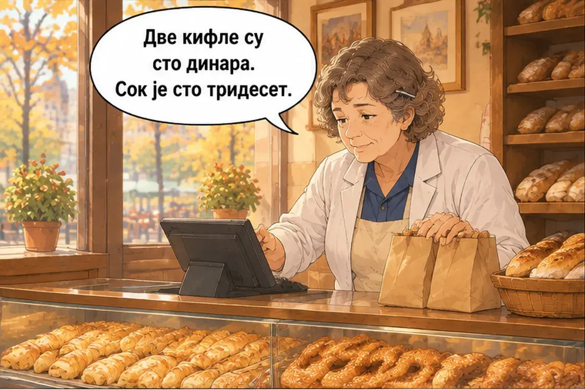 Кадр 9 из 14 к тексту «Здесь или с собой?»: «Две кифлы — сто динаров. Сок — сто тридцать.»