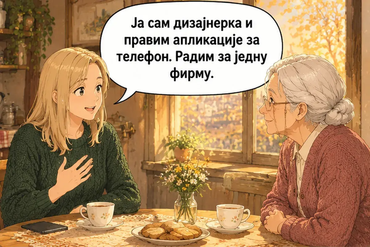 Кадр 2 из 12 к тексту «Аня, а чем вы занимаетесь?»: «Я дизайнер и делаю приложения для телефона. Я работаю в одной фирме.»