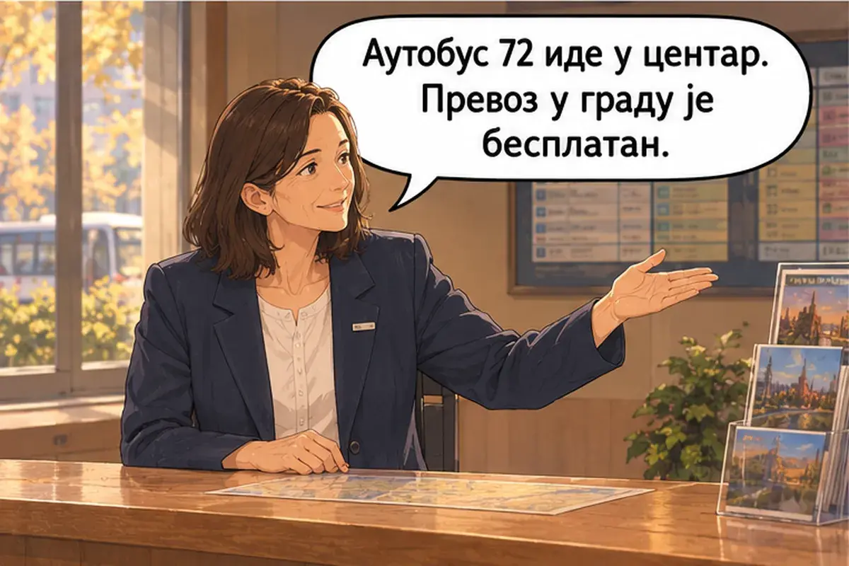 Кадр 3 из 12 к тексту «Как доехать до центра?»: «Автобус 72 идёт в центр. Проезд в городе бесплатный.»
